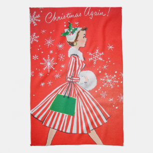 Retro Vintage Weihnachtsdame Küchenhandtuch Geschirrtuch