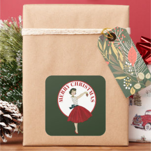 Retro Vintage Weihnachtsdame mit Nachricht Aufkleb Quadratischer Aufkleber