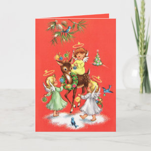 Retro Vintage Weihnachtsengel Hirsche Feiertage Karte