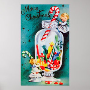 Retro Vintage Weihnachtsengel und Süßigkeitsplak Poster