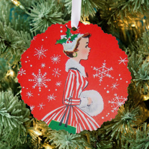 Retro Vintage Weihnachtsfrau Nachricht hinzufügen Ornament Karte