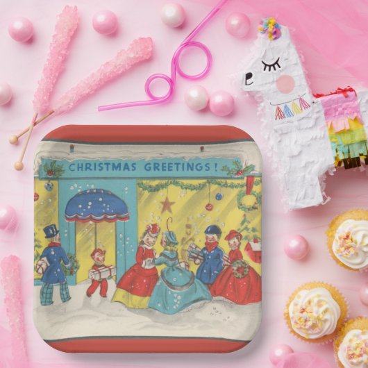 Retro Vintage Weihnachtsgrüße Antiker Winter Pappteller (Party)