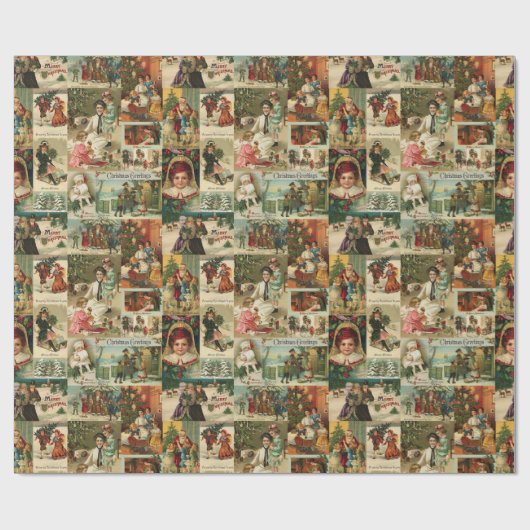 Retro Vintage Weihnachtskarten Collage Geschenkpapier (Flach)
