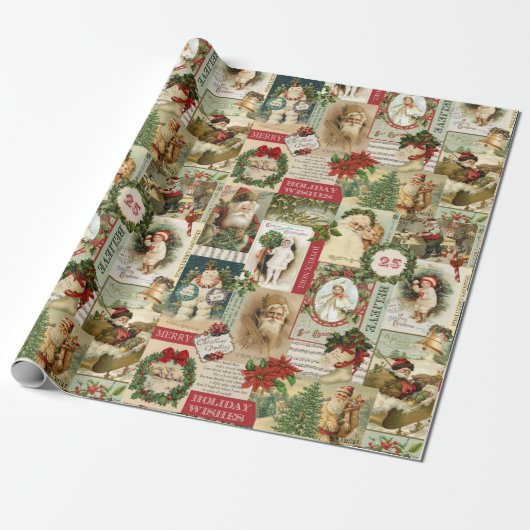 Retro Vintage Weihnachtskarten Collage Geschenkpapier (Ungerollt)