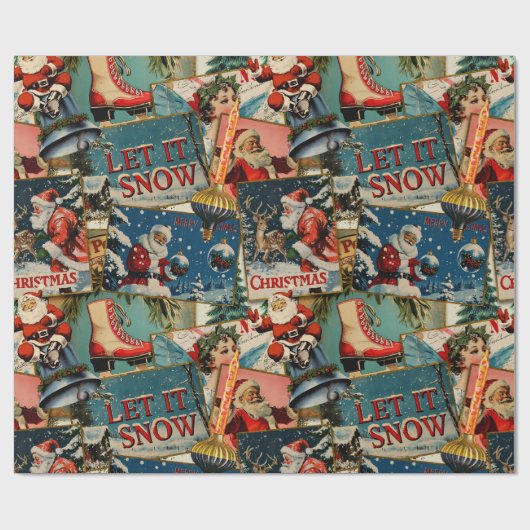 Retro Vintage Weihnachtskarten Collage Geschenkpapier (Flach)