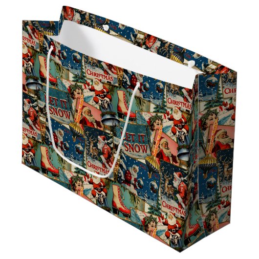 Retro-Vintage-Weihnachtskarten-Collage Große Geschenktüte (Vorderseite Schrägansicht)