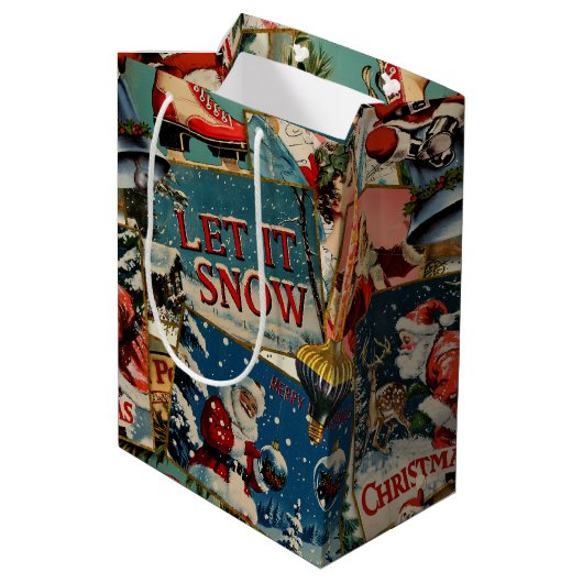 Retro Vintage Weihnachtskarten Collage Mittlere Geschenktüte (Rückseite Schrägansicht)