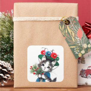 Retro Vintage Weihnachtskatze Feiertagsaufkleber Quadratischer Aufkleber