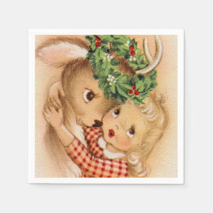 retro vintage Weihnachtsmädchen Hirsch Feiertag Serviette