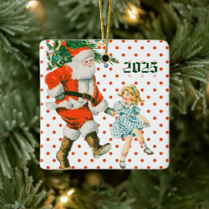 Retro-Vintage-Weihnachtsmann & Mädchen Weihnachten Keramikornament
