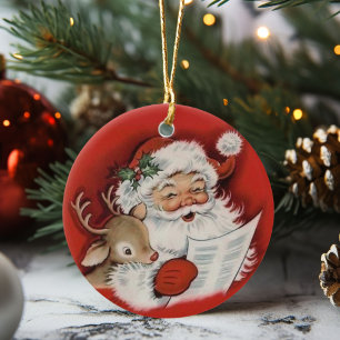 Retro-Vintage-Weihnachtsmann mit Baby Rudolf Weihn Keramik Ornament