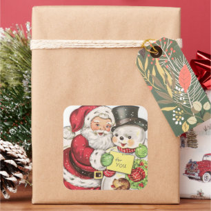 Retro-Vintage-Weihnachtsmann-Schneemann-Urlaub Quadratischer Aufkleber
