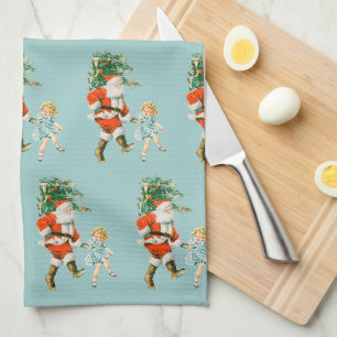 Retro-Vintage-Weihnachtsmann und Mädchen Weihnacht Geschirrtuch