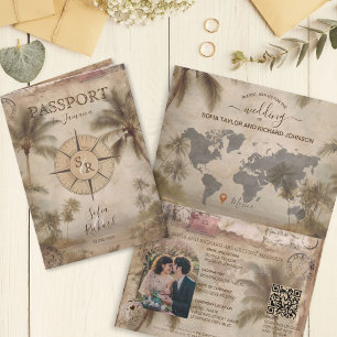 Retro Vintage Ziel Hochzeit Reisepass QR Code Einladung