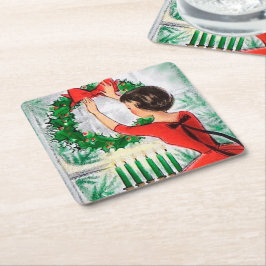 Retro Vintager Party-Untersetzer Dame Weihnachten Rechteckiger Pappuntersetzer