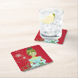 Retro Vintager Weihnachtsdamen-Party-Untersetzer Untersetzer