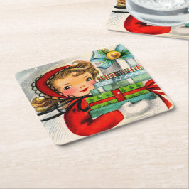 Retro Vintager Weihnachtsmädchen Rechteckiger Pappuntersetzer