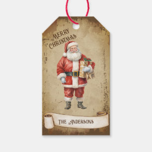 Retro Vintager Weihnachtsmann mit einem Weihnachts Geschenkanhänger