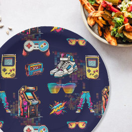 Retro Vintages Neon 80s Muster Pappteller