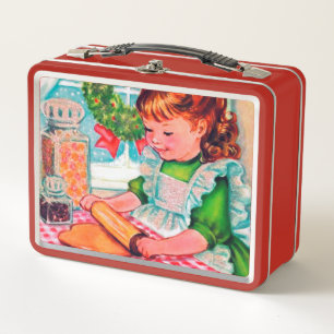 Retro Vintages Weihnachtsbackenmädchen Metall Brotdose