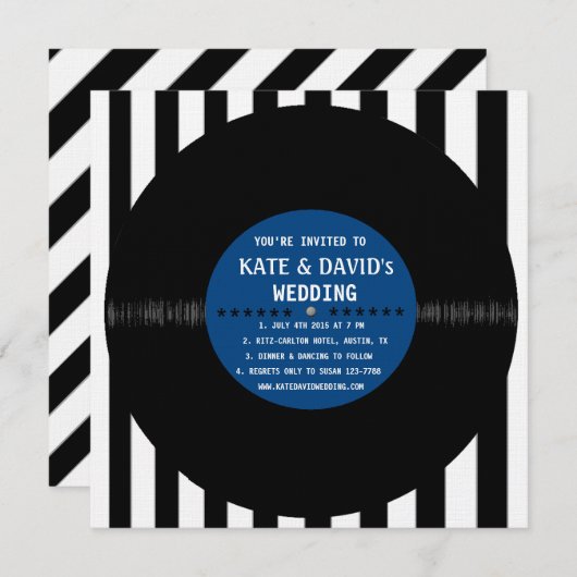 Retro-Vinyl-Datensatz| Modern Wedding Invite (blau Einladung (Vorne/Hinten)