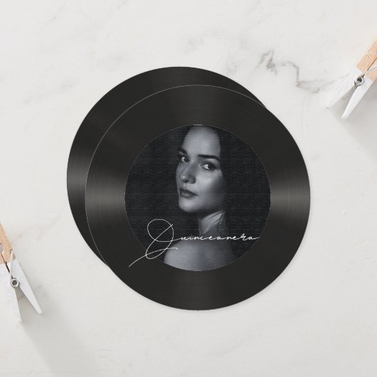 Retro-Vinyl-Foto Quinceanera Einladung (Vorderseite/Rückseite Beispiel)