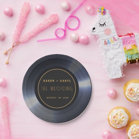 Retro Vinyl Record Black Wedding Pappteller (Party)