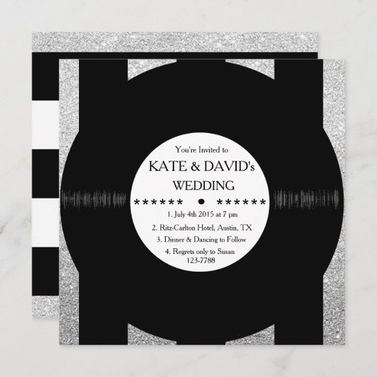 Retro Vinyl Record Chic Silver Wedding Einladungen (Vorne/Hinten)