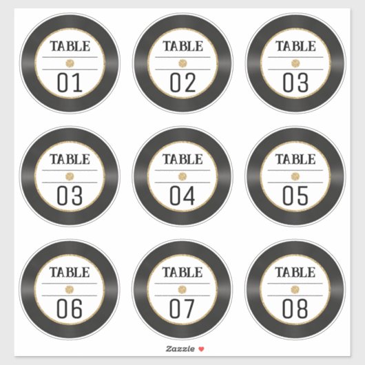 Retro Vinyl Record Gold Glitzer Tischnummer 4x4 Aufkleber (Blatt)