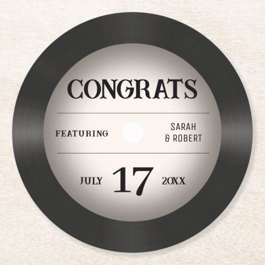 Retro Vinyl Record Hochzeit Herzlichen Glückwunsch Runder Pappuntersetzer (Vorderseite)