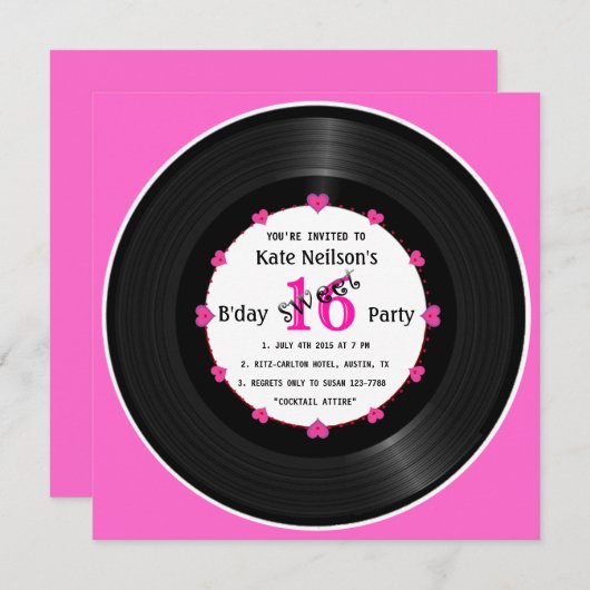 Retro Vinyl Record l Modern Sweet 16 B'day Einladung (Vorne/Hinten)