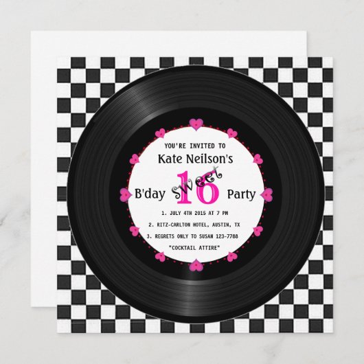 Retro Vinyl Record l Modern Sweet 16 B'day Einladung (Vorne/Hinten)