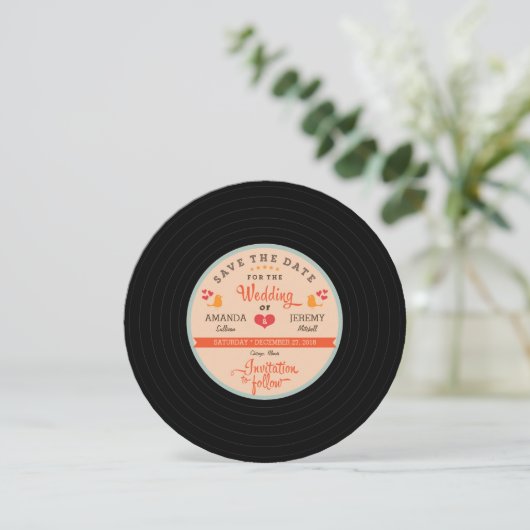 Retro Vinyl Record Orange Sky Save the Date (Stehend Vorderseite)