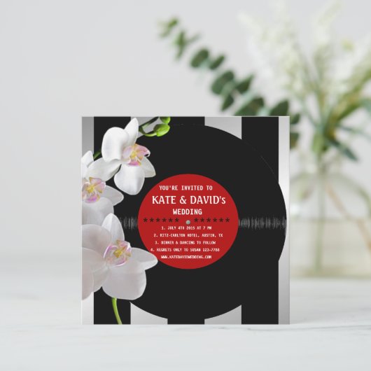 Retro Vinyl Record Orchids Moderne Hochzeiten Einl Einladung (Stehend Vorderseite)