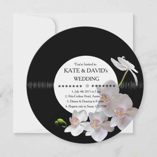 Retro Vinyl Record Orchids Moderne Hochzeiten Einl Einladung (Vorderseite)