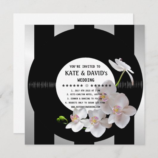 Retro Vinyl Record Orchids Moderne Hochzeiten Einl Einladung (Vorne/Hinten)