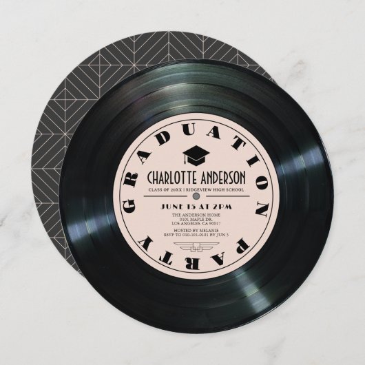 Retro Vinyl Record Rosa Abschluss Einladung (Vorne/Hinten)