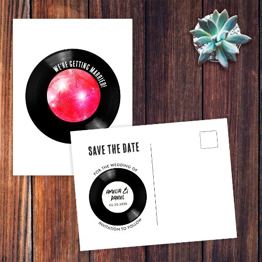 Retro Vinyl Record Rosa Diskothek Save the Date Postkarte