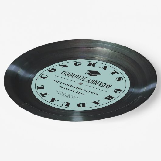 Retro Vinyl Record Türkis Abschluss Pappteller (Schrägansicht)