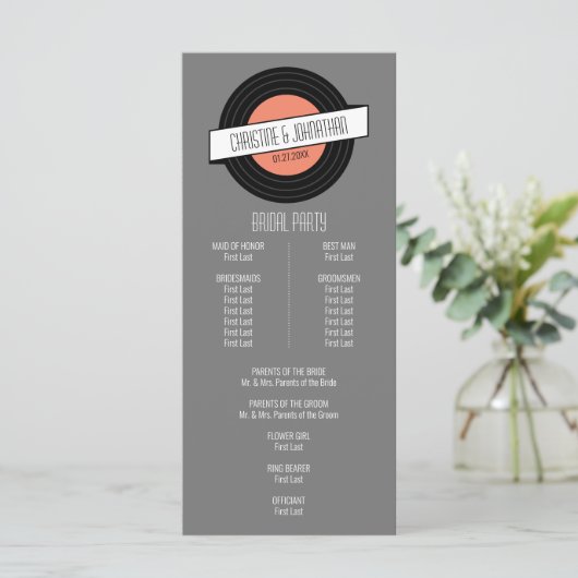 Retro Vinyl Record Wedding Program Programm (Stehend Vorderseite)