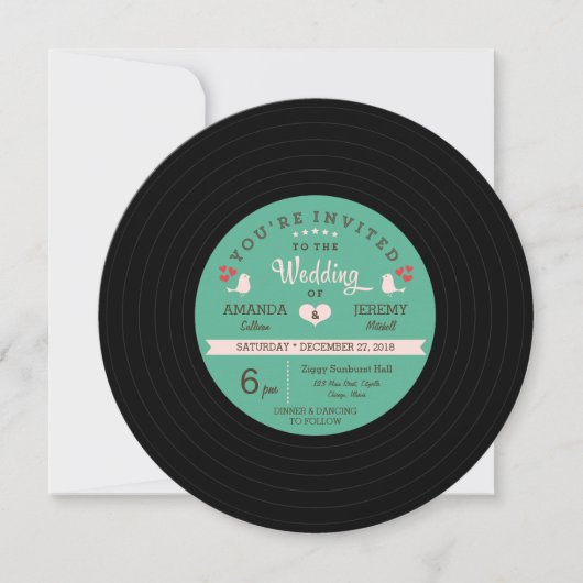 Retro Vinyl Record Wedding - Rosa Details Einladung (Vorderseite)
