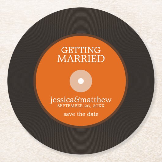 Retro Vinyl Record Wedding Save the Date Wedding Runder Pappuntersetzer (Vorderseite)