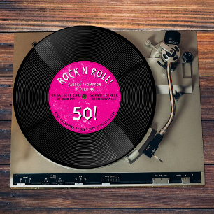Retro-Vinyl-Schallplatte Rock N Roll Pink Geburtst Einladung