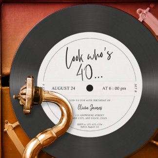 Retro-Vinyl-Schallplatte Schau wer 40 ist, 40. Geb Einladung