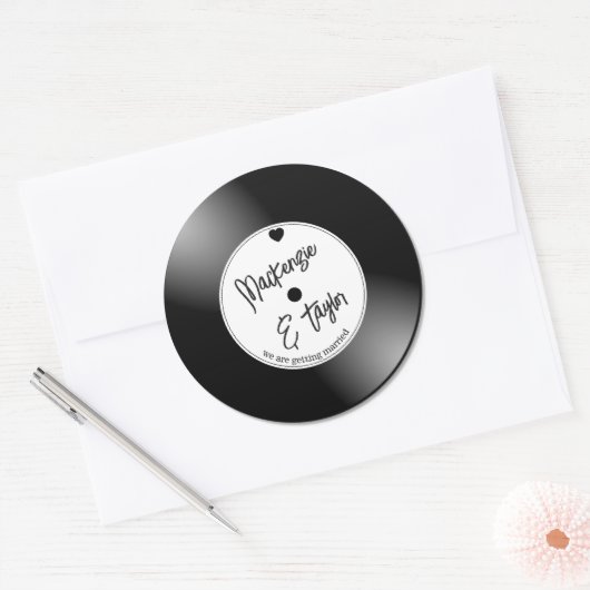 Retro-Vinyl-Schallplatten-Hochzeit Runder Aufkleber (Umschlag)