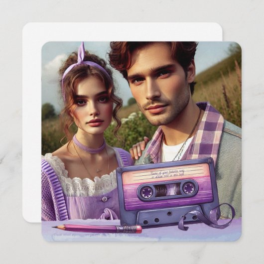 Retro Violet Vibes Kassettenband, Square Save The Date (Vorne/Hinten)