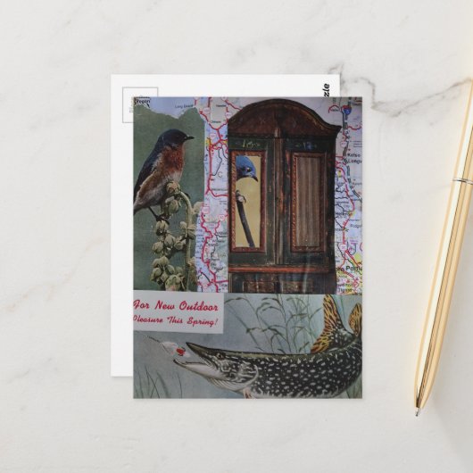 Retro-Vogel-und-Fisch-Collage Postkarte (Vorderseite/Rückseite Beispiel)