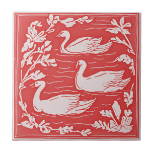Retro Vögel Vintage Art Nouveau Schwäne Rot Art De Fliese