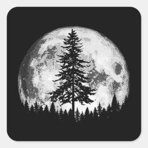 Retro Vollmond & Minimalistischer Pine Tree Vintag Quadratischer Aufkleber