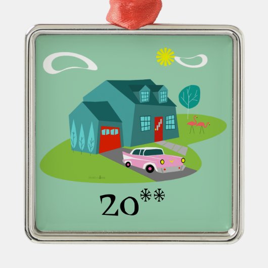 Retro Vorstadthaus-Weihnachtsverzierung Silbernes Ornament (Vorne)